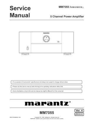 Marantz mm7055 service manual cover with a photograph of this device, model type and code, manual contents and modification notice.