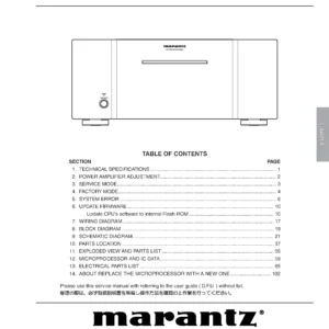 Marantz mm8003 service manual cover with a photograph of this device, model type and code, manual contents and modification notice.