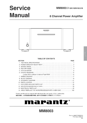 Marantz mm8003 service manual cover with a photograph of this device, model type and code, manual contents and modification notice.