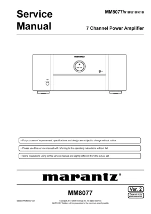 Marantz mm8077 7 service manual cover with a photograph of this device, model type and code, manual contents and modification notice.