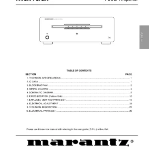 Marantz mm9000 service manual cover with a photograph of this device, model type and code, manual contents and modification notice.