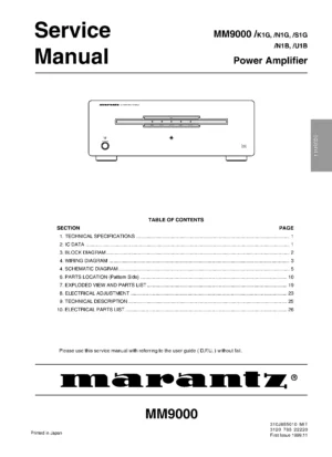 Marantz mm9000 service manual cover with a photograph of this device, model type and code, manual contents and modification notice.