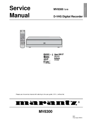 Marantz mv8300 service manual cover with a photograph of this device, model type and code, manual contents and modification notice.