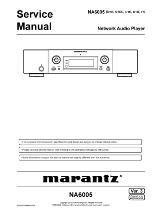 Marantz na6005 service manual cover with a photograph of this device, model type and code, manual contents and modification notice.