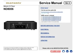 Marantz nd8006 service manual cover with a photograph of this device, model type and code, manual contents and modification notice.