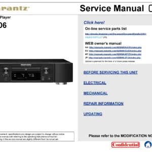 Marantz nd8006 service manual cover with a photograph of this device, model type and code, manual contents and modification notice.