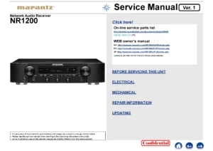 Marantz nr1200 service manual cover with a photograph of this device, model type and code, manual contents and modification notice.