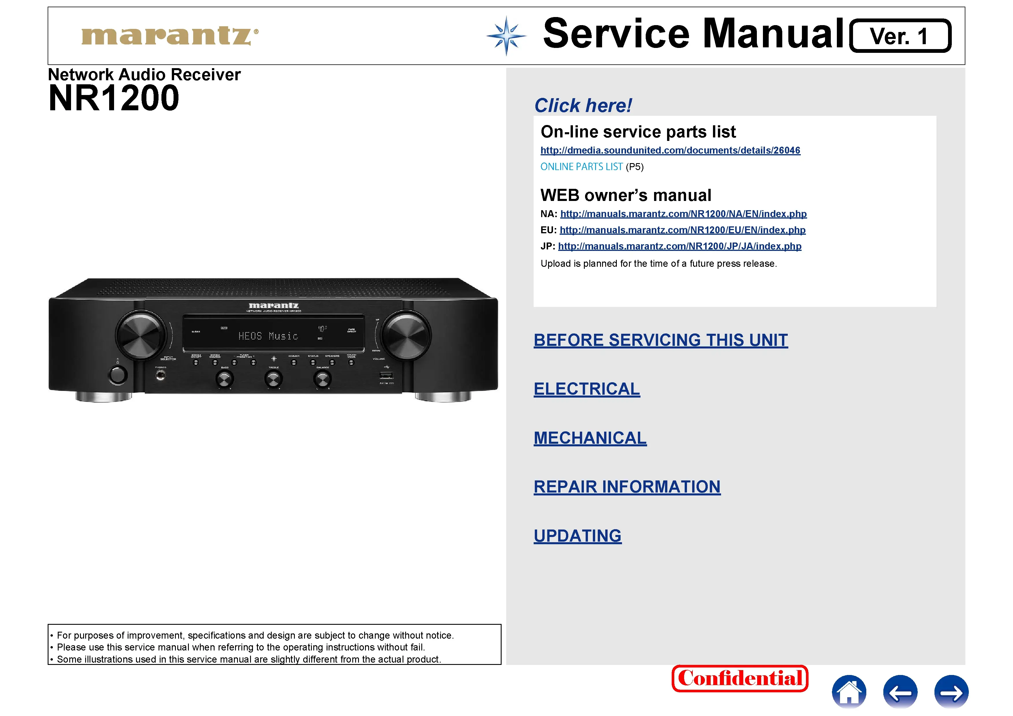 Marantz nr1200 service manual cover with a photograph of this device, model type and code, manual contents and modification notice.