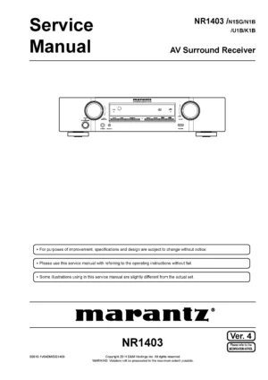 Marantz nr1403 service manual cover with a photograph of this device, model type and code, manual contents and modification notice.