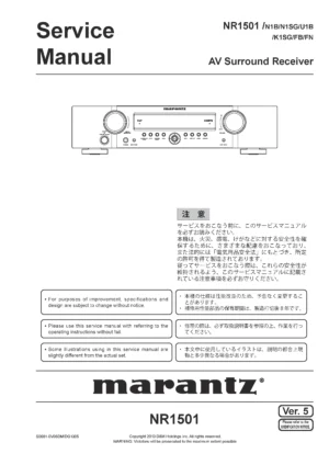 Marantz nr1501 service manual cover with a photograph of this device, model type and code, manual contents and modification notice.