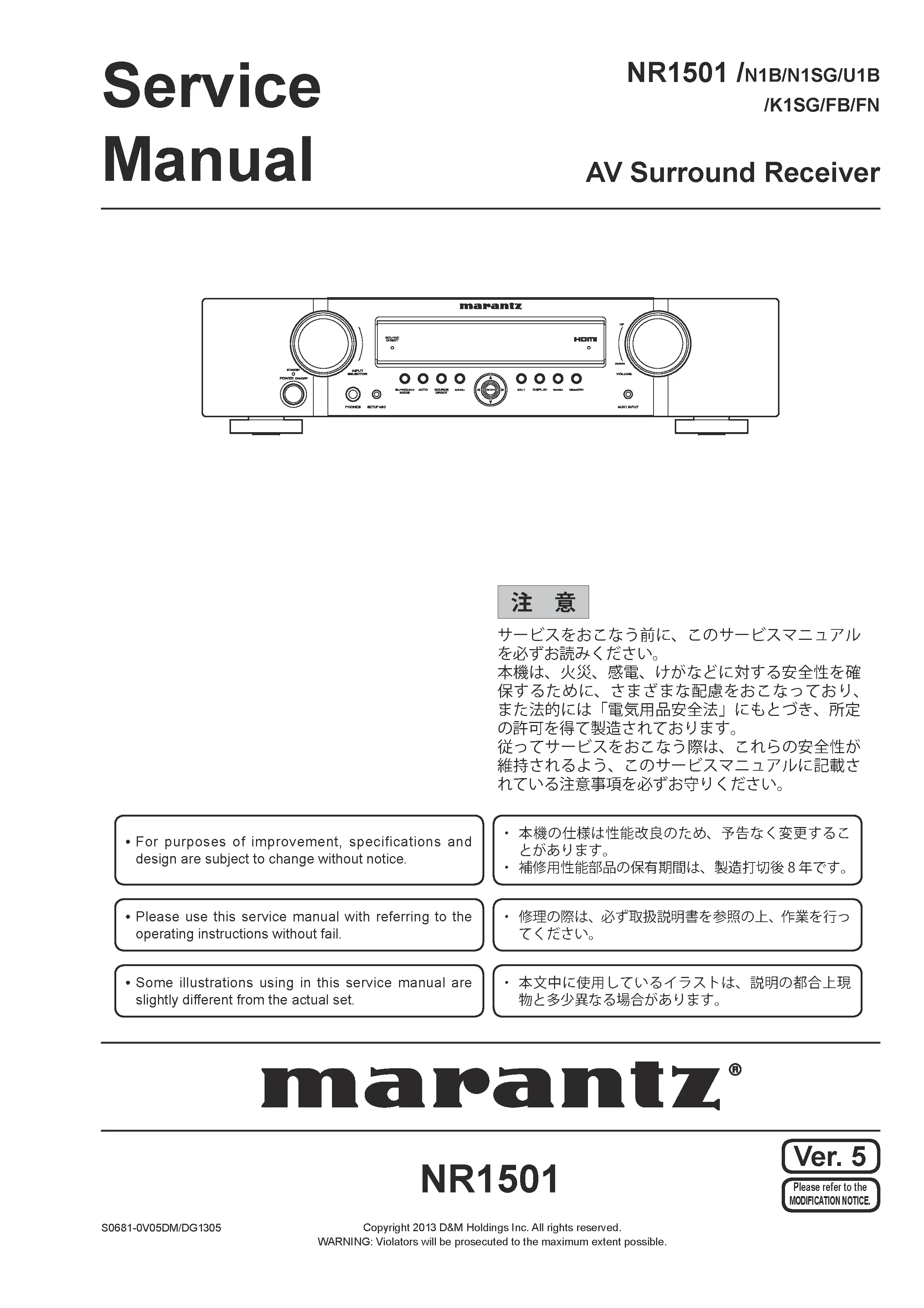 Marantz nr1501 service manual cover with a photograph of this device, model type and code, manual contents and modification notice.