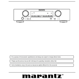 Marantz nr1504 service manual cover with a photograph of this device, model type and code, manual contents and modification notice.