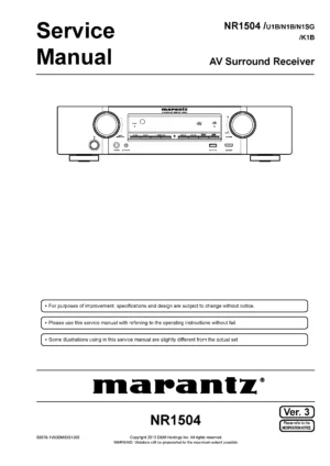Marantz nr1504 service manual cover with a photograph of this device, model type and code, manual contents and modification notice.