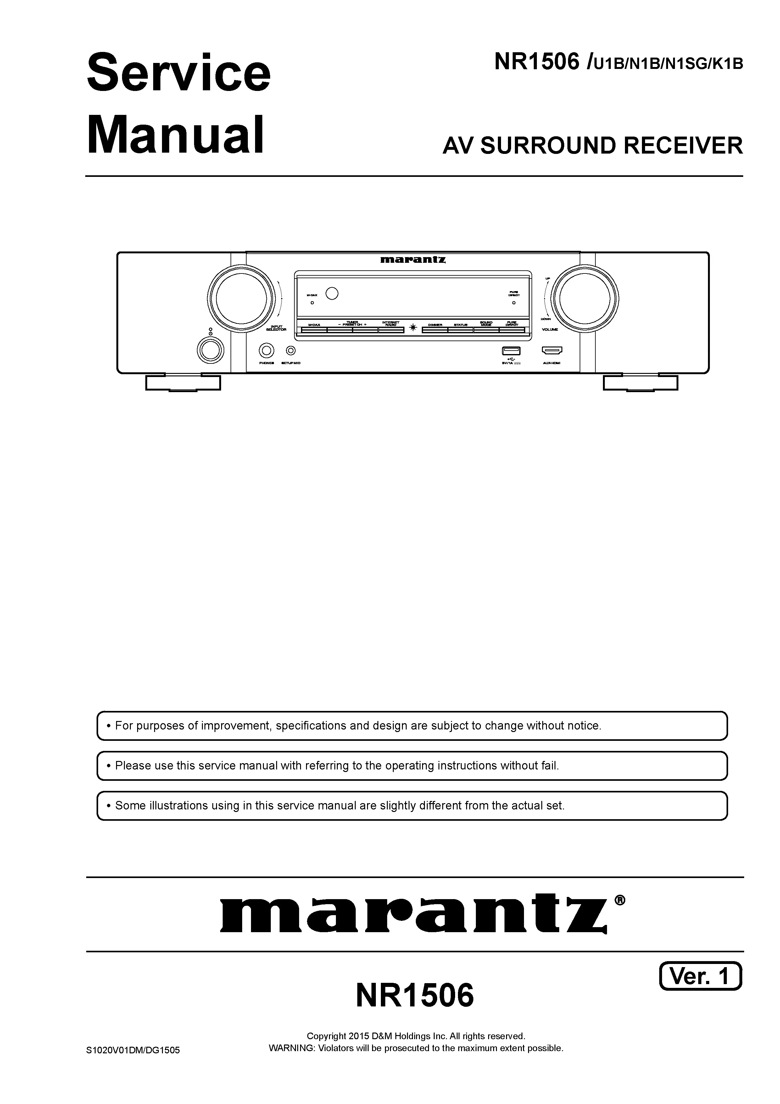 Marantz nr1506 service manual cover with a photograph of this device, model type and code, manual contents and modification notice.