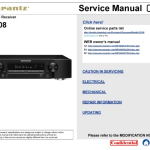 Marantz nr1508 service manual cover with a photograph of this device, model type and code, manual contents and modification notice.