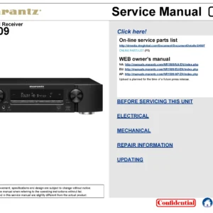 Marantz nr1509 service manual cover with a photograph of this device, model type and code, manual contents and modification notice.