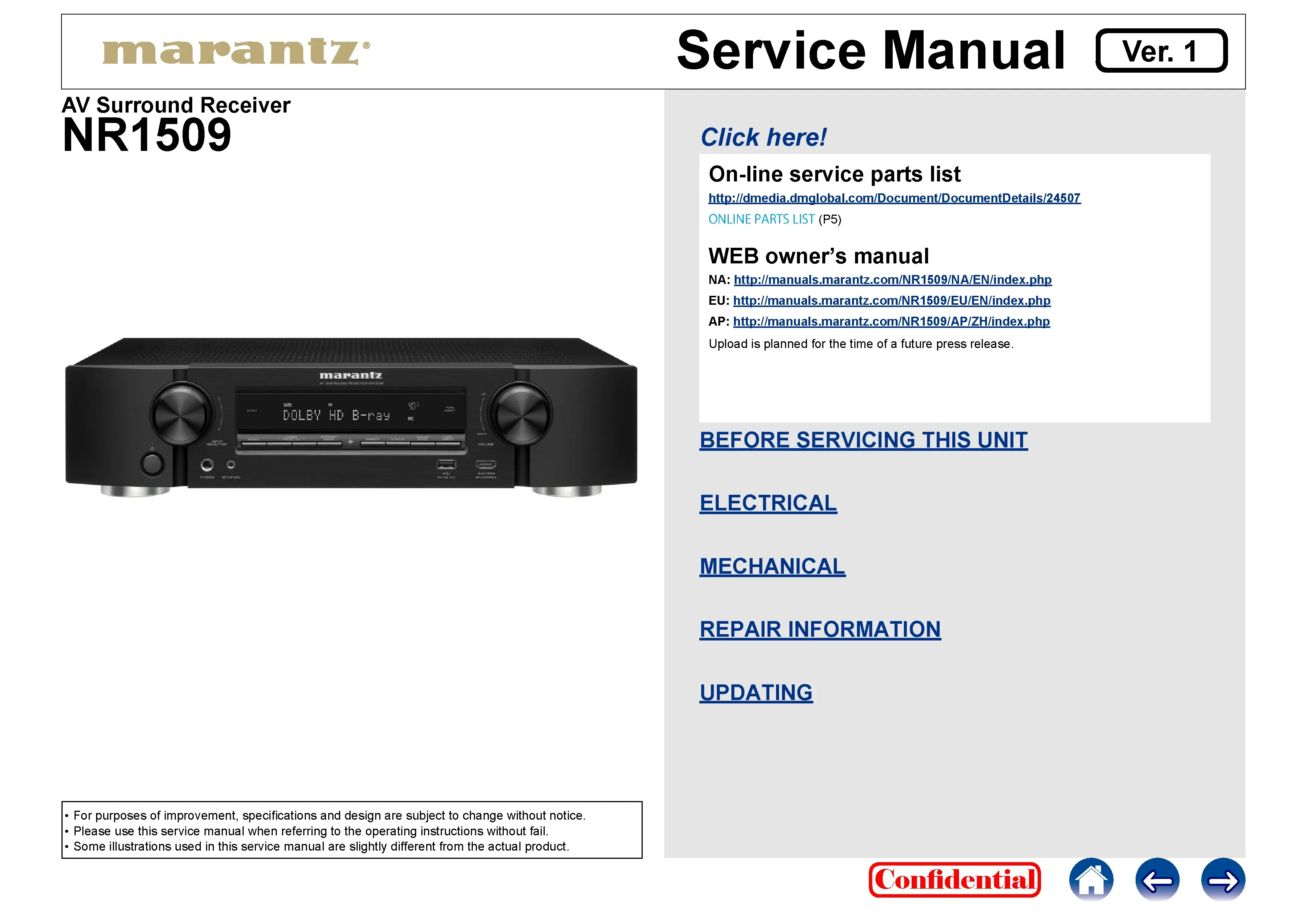 Marantz nr1509 service manual cover with a photograph of this device, model type and code, manual contents and modification notice.