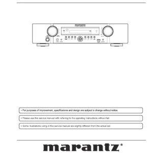 Marantz nr1601 2 service manual cover with a photograph of this device, model type and code, manual contents and modification notice.