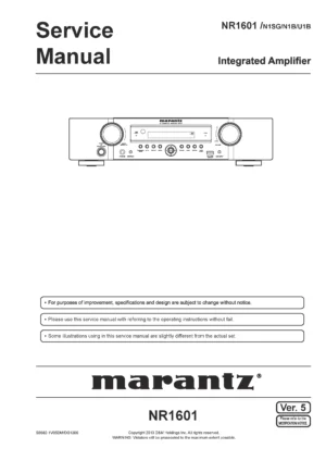 Marantz nr1601 2 service manual cover with a photograph of this device, model type and code, manual contents and modification notice.