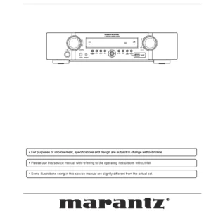 Marantz nr1602 service manual cover with a photograph of this device, model type and code, manual contents and modification notice.