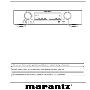 Marantz nr1605 service manual cover with a photograph of this device, model type and code, manual contents and modification notice.