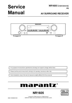 Marantz nr1605 service manual cover with a photograph of this device, model type and code, manual contents and modification notice.