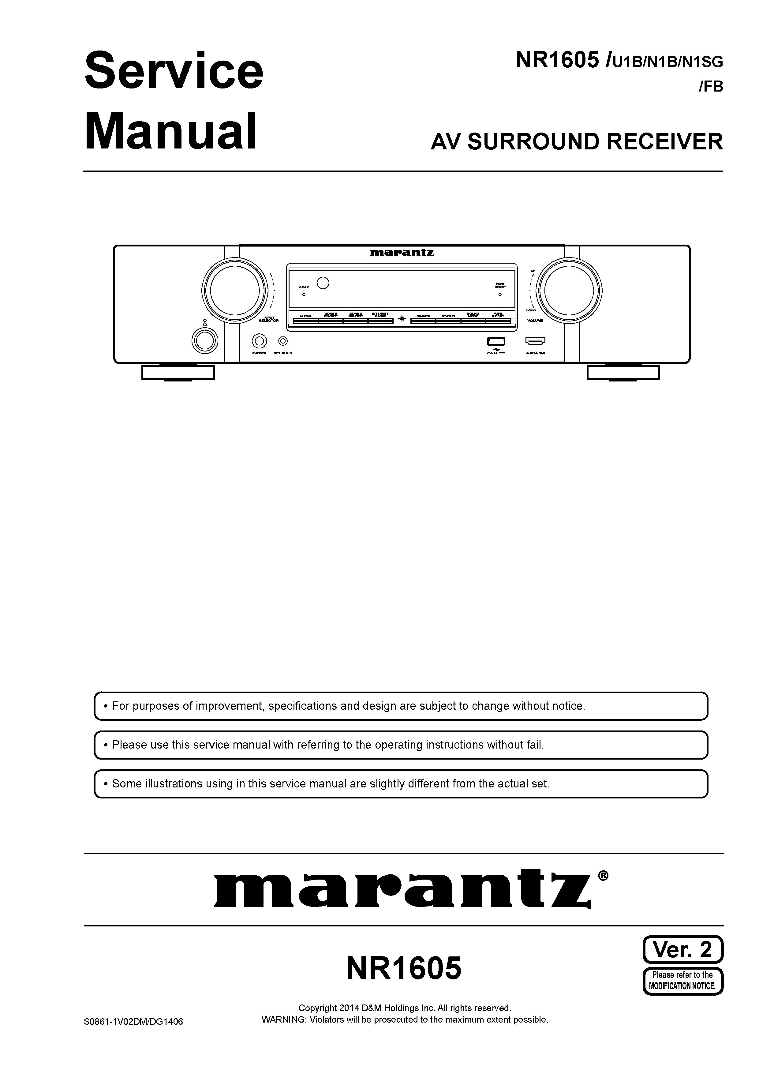 Marantz nr1605 service manual cover with a photograph of this device, model type and code, manual contents and modification notice.