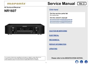 Marantz nr1607 service manual cover with a photograph of this device, model type and code, manual contents and modification notice.