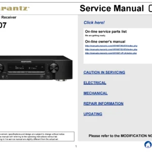 Marantz nr1607 service manual cover with a photograph of this device, model type and code, manual contents and modification notice.