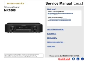 Marantz nr1608 service manual cover with a photograph of this device, model type and code, manual contents and modification notice.