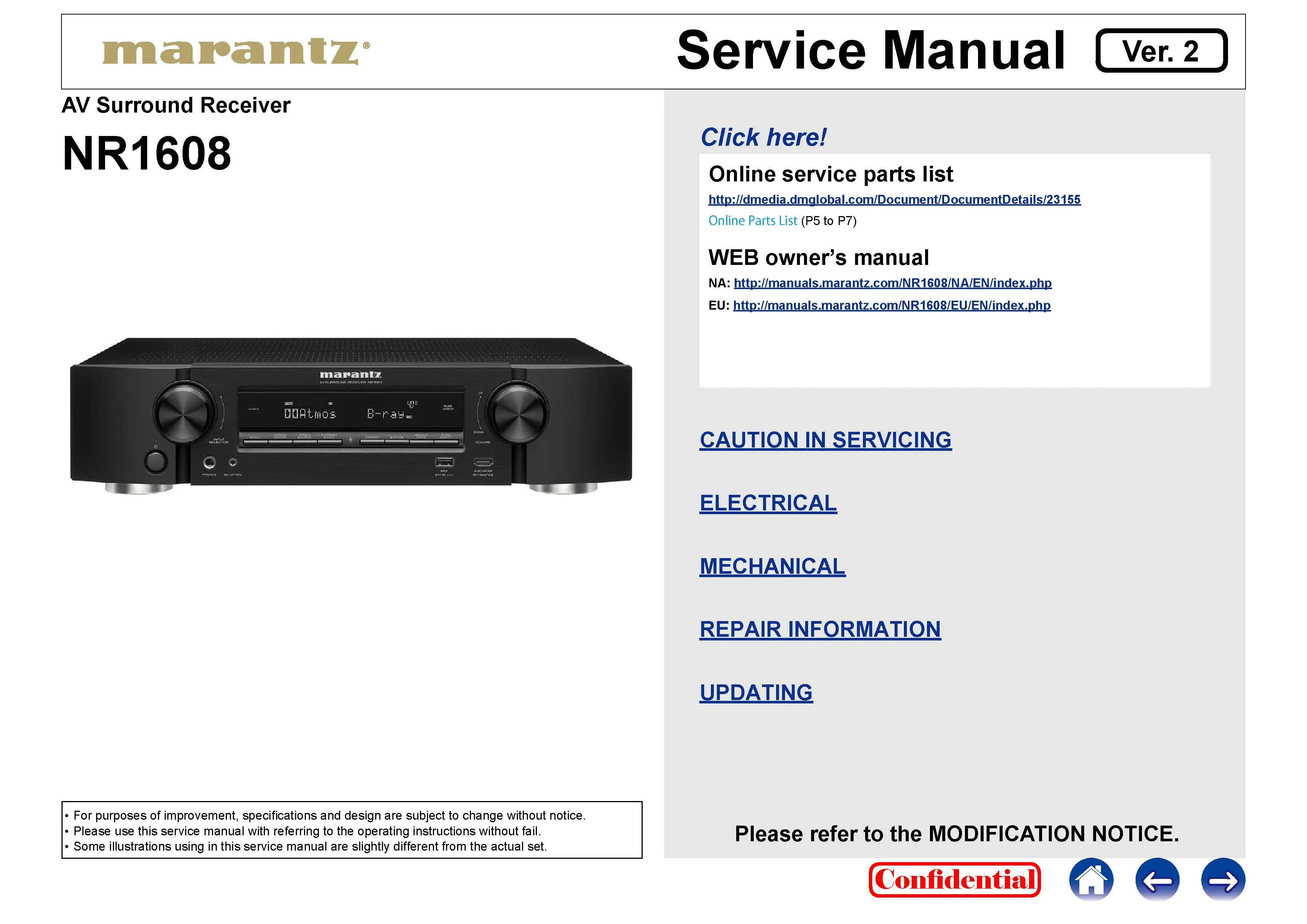Marantz nr1608 service manual cover with a photograph of this device, model type and code, manual contents and modification notice.