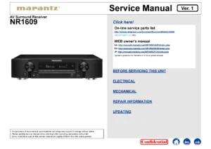 Marantz nr1609 service manual cover with a photograph of this device, model type and code, manual contents and modification notice.
