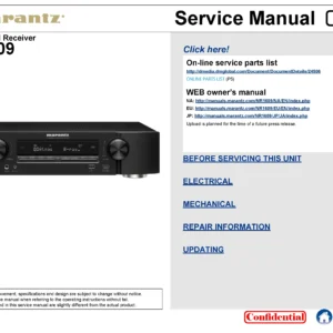 Marantz nr1609 service manual cover with a photograph of this device, model type and code, manual contents and modification notice.