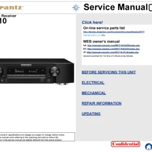 Marantz nr1710 4k service manual cover with a photograph of this device, model type and code, manual contents and modification notice.