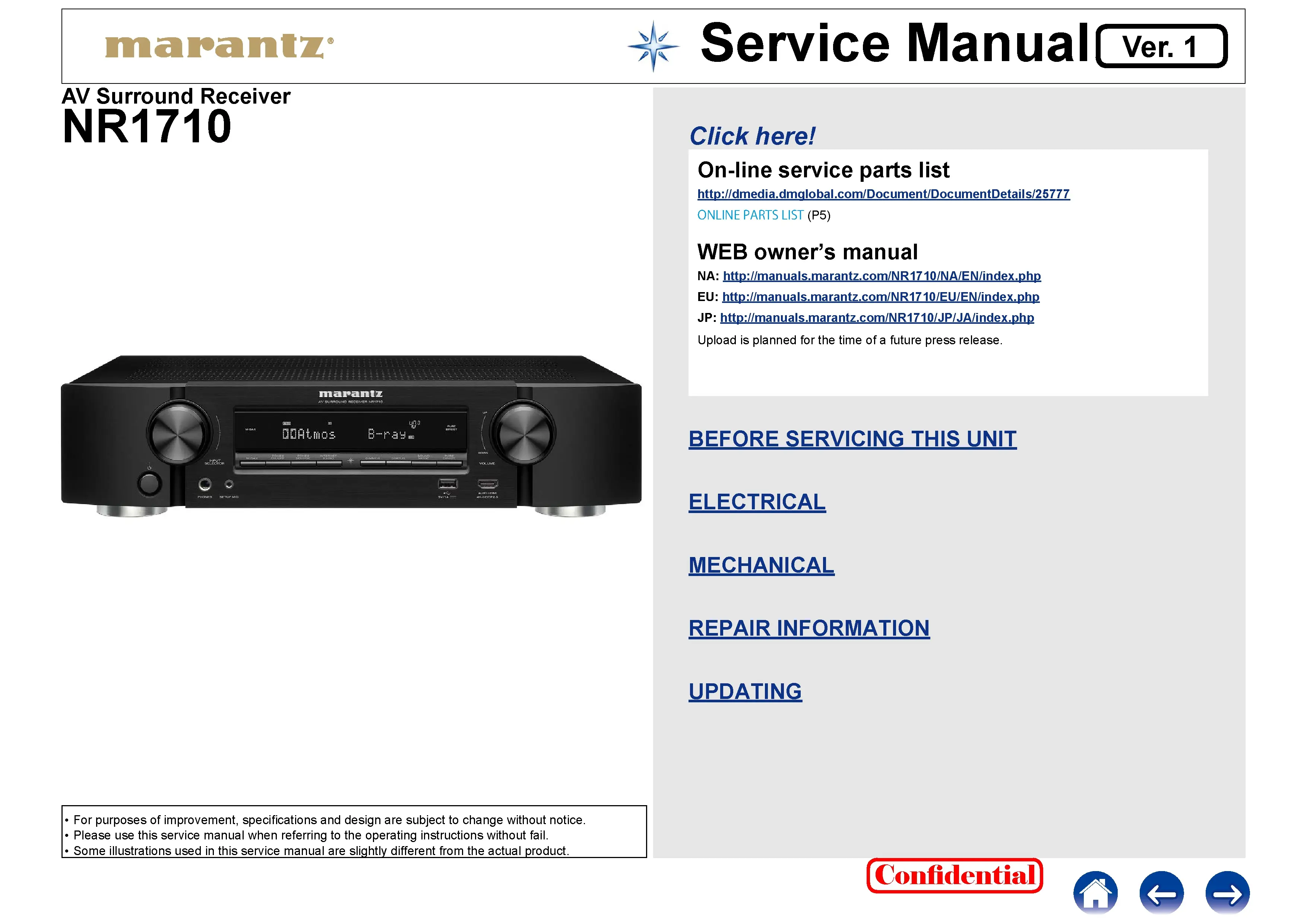 Marantz nr1710 4k service manual cover with a photograph of this device, model type and code, manual contents and modification notice.