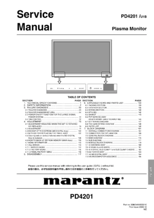 Marantz pd4201 service manual cover with a photograph of this device, model type and code, manual contents and modification notice.