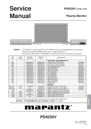 Marantz pd4220v service manual cover with a photograph of this device, model type and code, manual contents and modification notice.