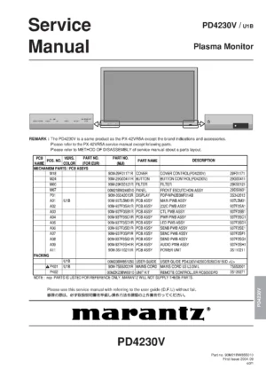 Marantz pd4230v service manual cover with a photograph of this device, model type and code, manual contents and modification notice.