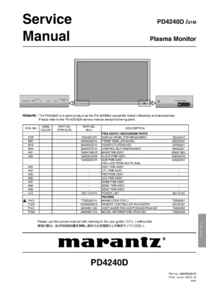 Marantz pd4240d service manual cover with a photograph of this device, model type and code, manual contents and modification notice.