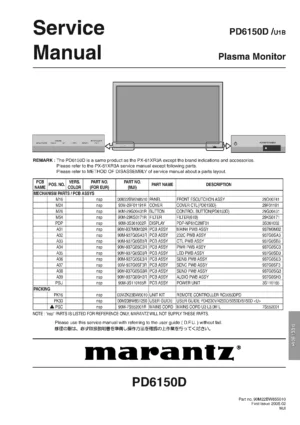 Marantz pd6150d service manual cover with a photograph of this device, model type and code, manual contents and modification notice.