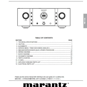Marantz pm 11s1 service manual cover with a photograph of this device, model type and code, manual contents and modification notice.