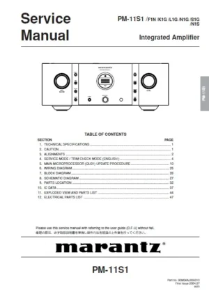 Marantz pm 11s1 service manual cover with a photograph of this device, model type and code, manual contents and modification notice.