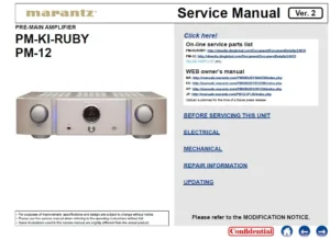 Marantz pm ki ruby service manual cover with a photograph of this device, model type and code, manual contents and modification notice.