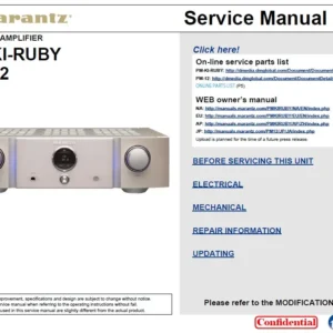 Marantz pm ki ruby service manual cover with a photograph of this device, model type and code, manual contents and modification notice.