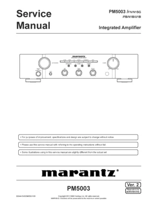 Marantz pm5003 service manual cover with a photograph of this device, model type and code, manual contents and modification notice.
