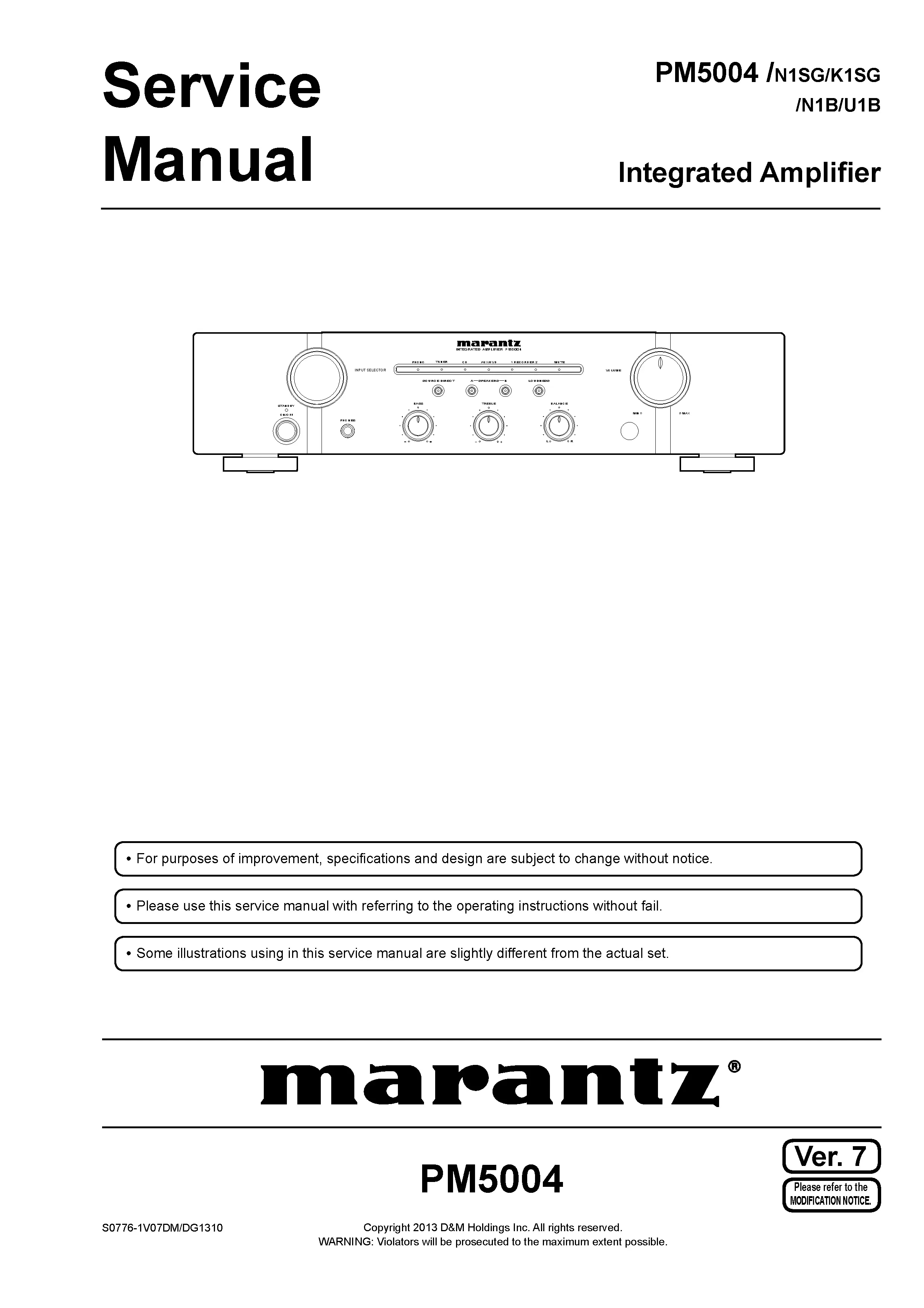 Marantz pm5004 service manual cover with a photograph of this device, model type and code, manual contents and modification notice.