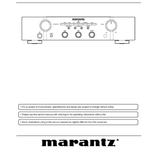 Marantz pm5005 service manual cover with a photograph of this device, model type and code, manual contents and modification notice.