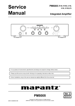 Marantz pm5005 service manual cover with a photograph of this device, model type and code, manual contents and modification notice.