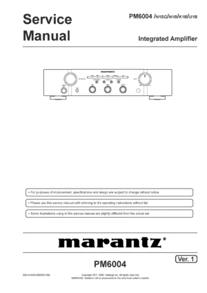 Marantz pm6004 service manual cover with a photograph of this device, model type and code, manual contents and modification notice.