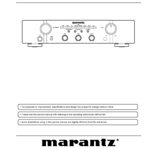 Marantz pm6005 service manual cover with a photograph of this device, model type and code, manual contents and modification notice.